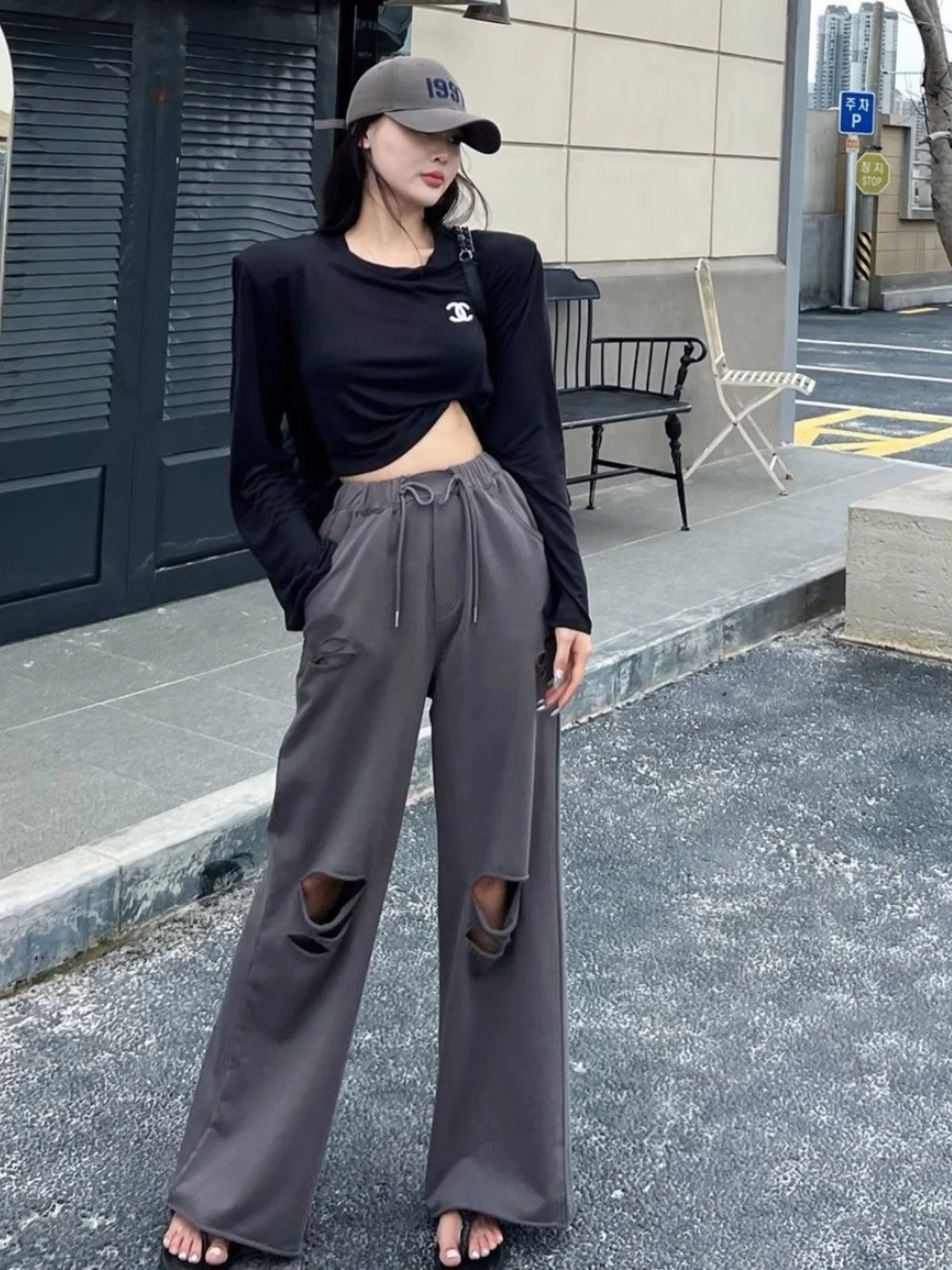 

Брюки женские повседневные спортивные больших размеров, с эффектом потертости, прямые, широкие, в пол, с высокой талией