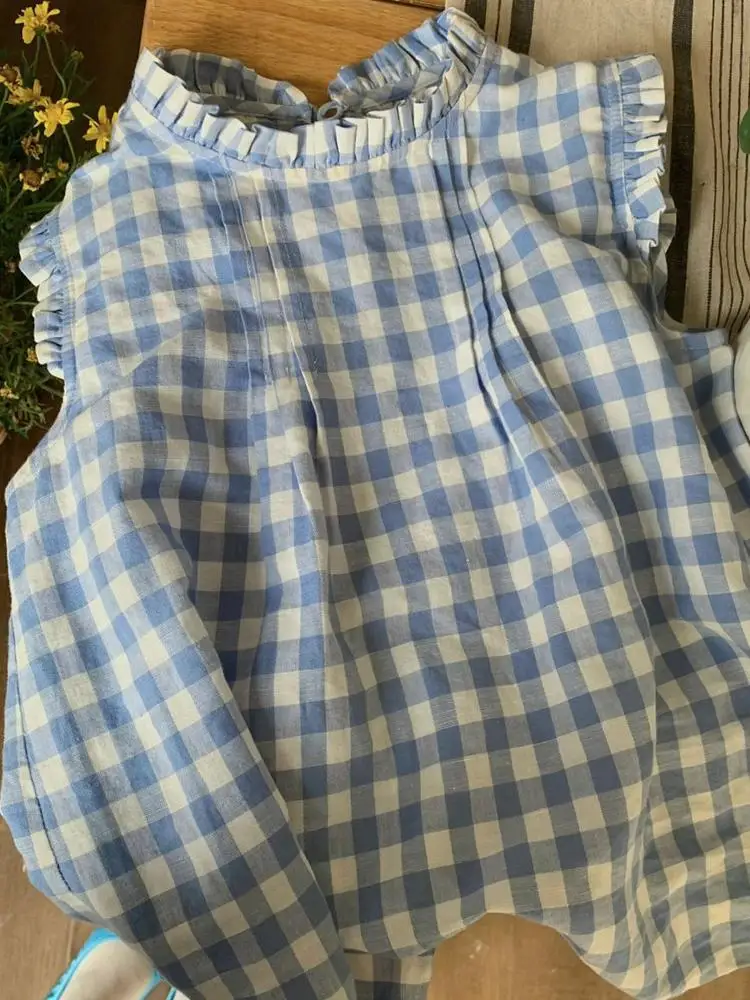 

Fashion Shirt For Women 2025 Blusas Mujer De Moda Sweet Ruffles Loose Blouses Sleeveless O-neck Casual Plaid Summer Blouse Tops