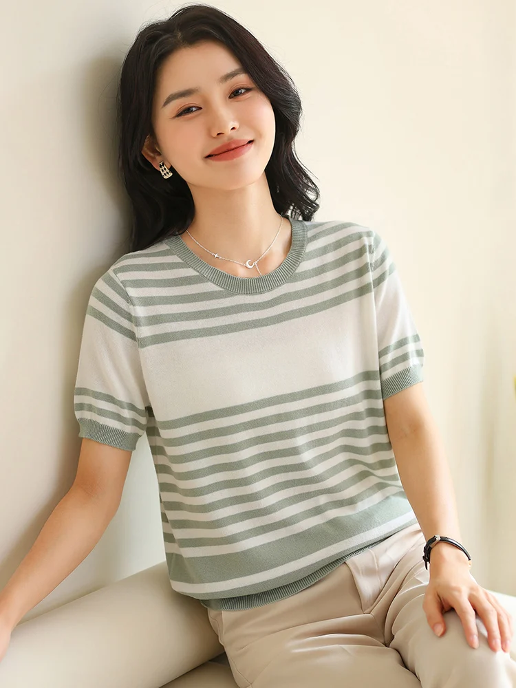 

Женская футболка из 100% хлопка, весенне-летний трикотажный пуловер с коротким рукавом, круглым вырезом, в полоску, базовая модель