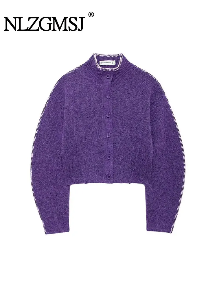 TRAF 2024 Autumn Winter Casual Chic Women Sweater Purple Solid Stand-up Collar Single Breasted Knitted Fashion Sweater ﻿