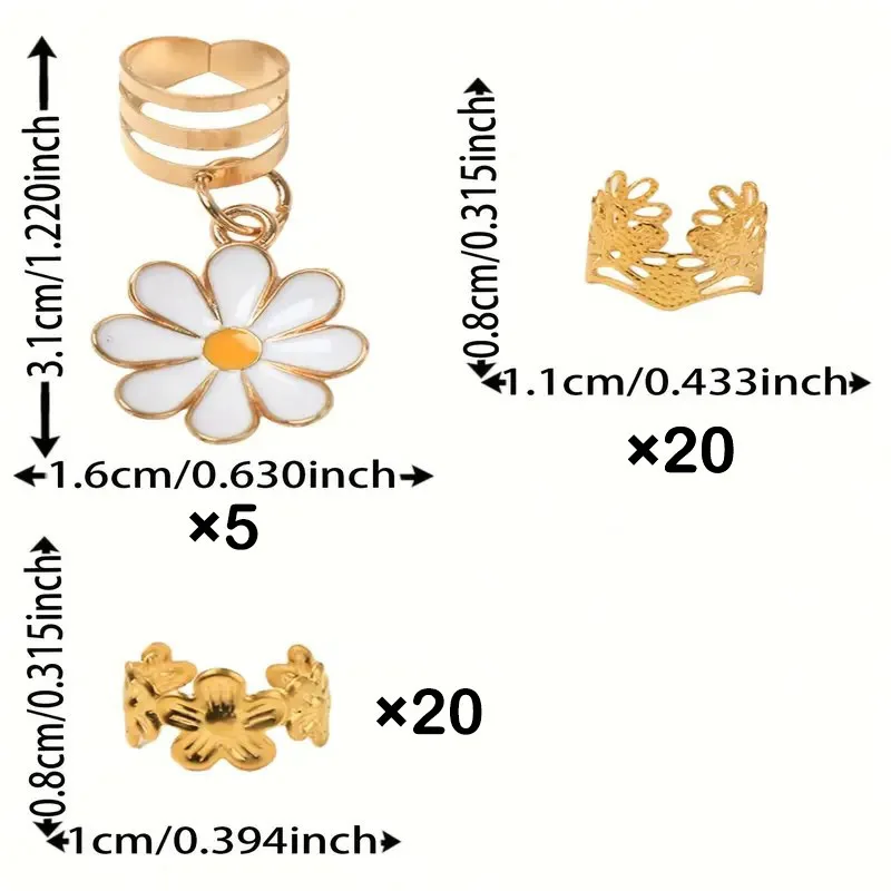 45Pcs Fresh Cute Sweet Flower Hair Extension Ring Jewelry Set for Dance Parties
