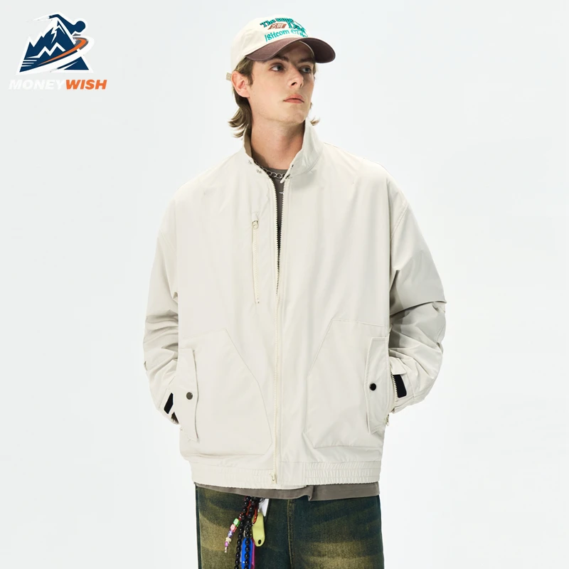 

MONEYWISH мужская куртка 2025 однотонная модная универсальная дышащая куртка с несколькими карманами и воротником уличная повседневная свободная рабочая куртка