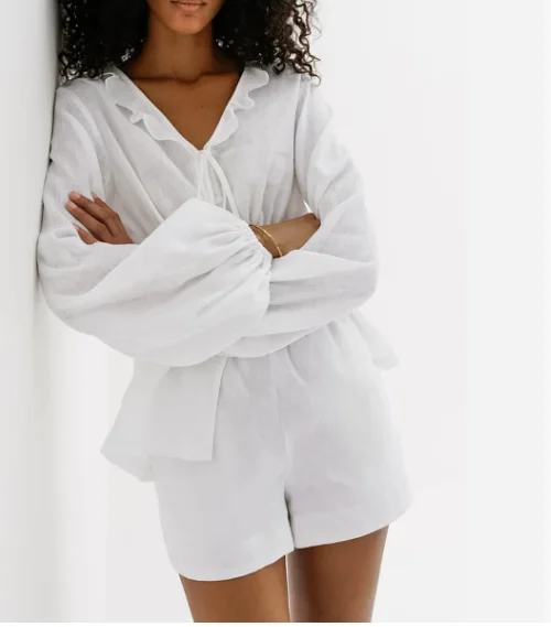 

Summer Comfort Wind Sexy Slightly Transparent White V-neck Waist Strap Long Sleeve Top Shorts Cotton Hemp Ruffle Edge Set