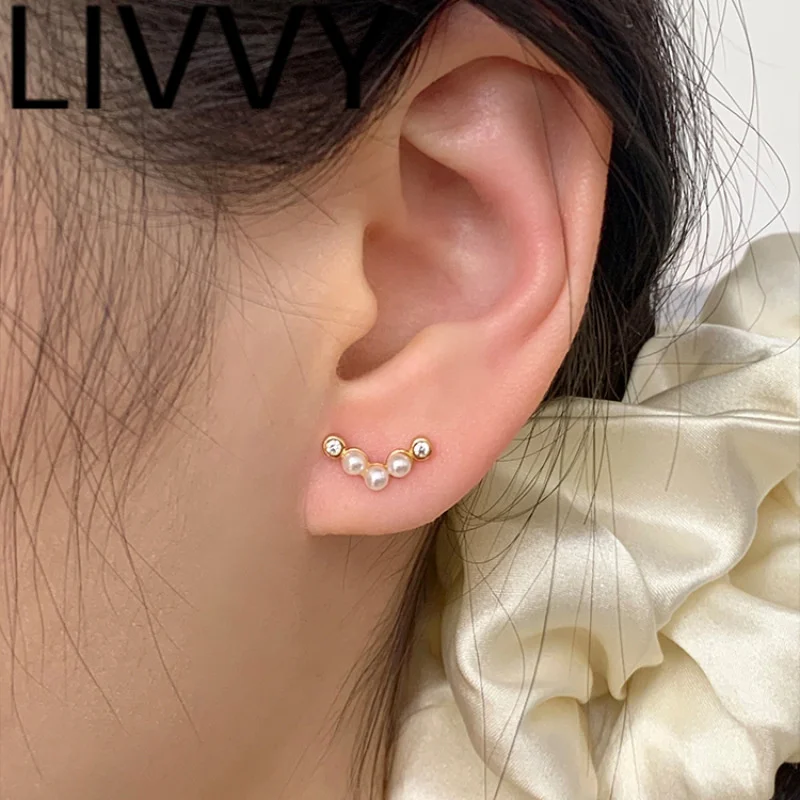 LIVVY Silver Color Pearl  Arc Shape Ear Stud Piercing Earrings For Women Girl Sweet Fashion 2024 New Elegance Jewelry Lady Gift