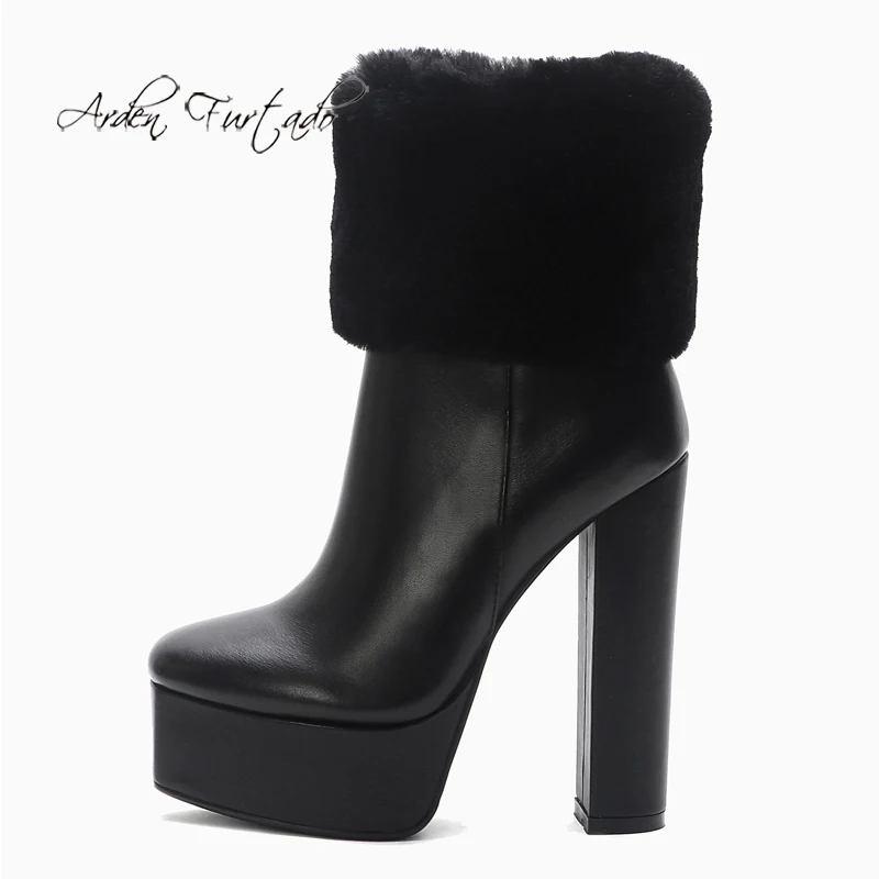 

Arden Furtado Winter Genuine Leather Platform Fur Patchwork Ankle Boots Square toe Side zipper Super high heel Modern boots