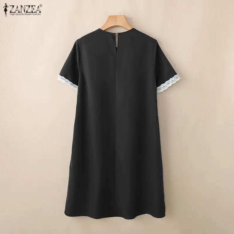 Women Summer Loose Knee-Length Dress Lace Patchwork O-Neck Short Sleeve Pockets Solid Color Dresses ZANZEA Everyday Wear Robes