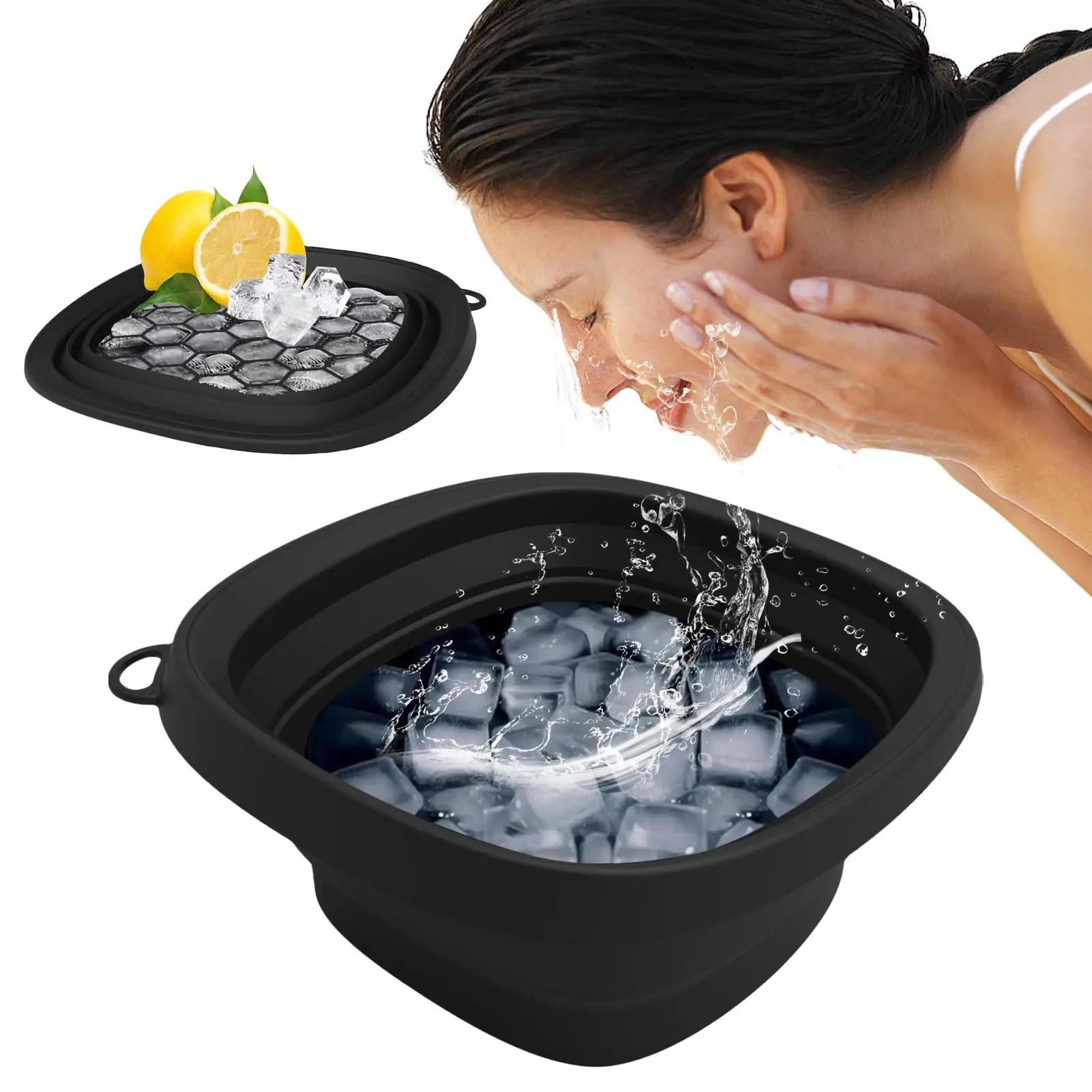 1 Stück schwarze Gesichtsschale für Eis, schnelle Kühlung, faltbares Silikonwaschbecken mit integriertem Eiswürfel, tragbares Waschbecken, Spa-Werkzeug