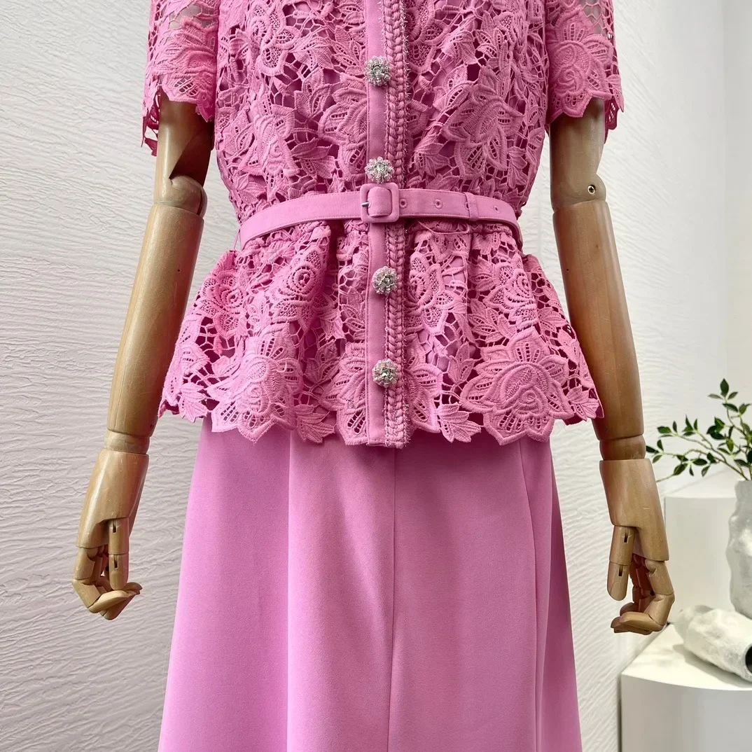 Vestido Midi de renda rosa feminino, gola quadrada, manga curta de pétala, botões frontais, fecho, qualidade superior, primavera, verão, 2022