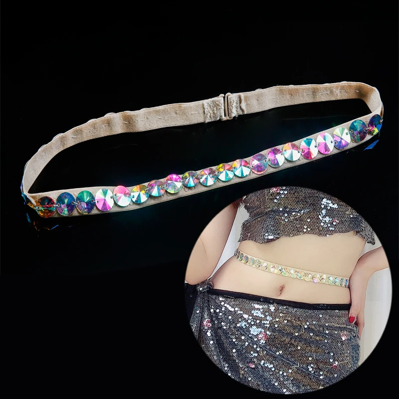 أحزمة خصر للنساء لرقص البطن، إكسسوارات رقص البطن، سلسلة ملونة مرنة، سلسلة ماسية، سلسلة مجوهرات لفساتين الرقص