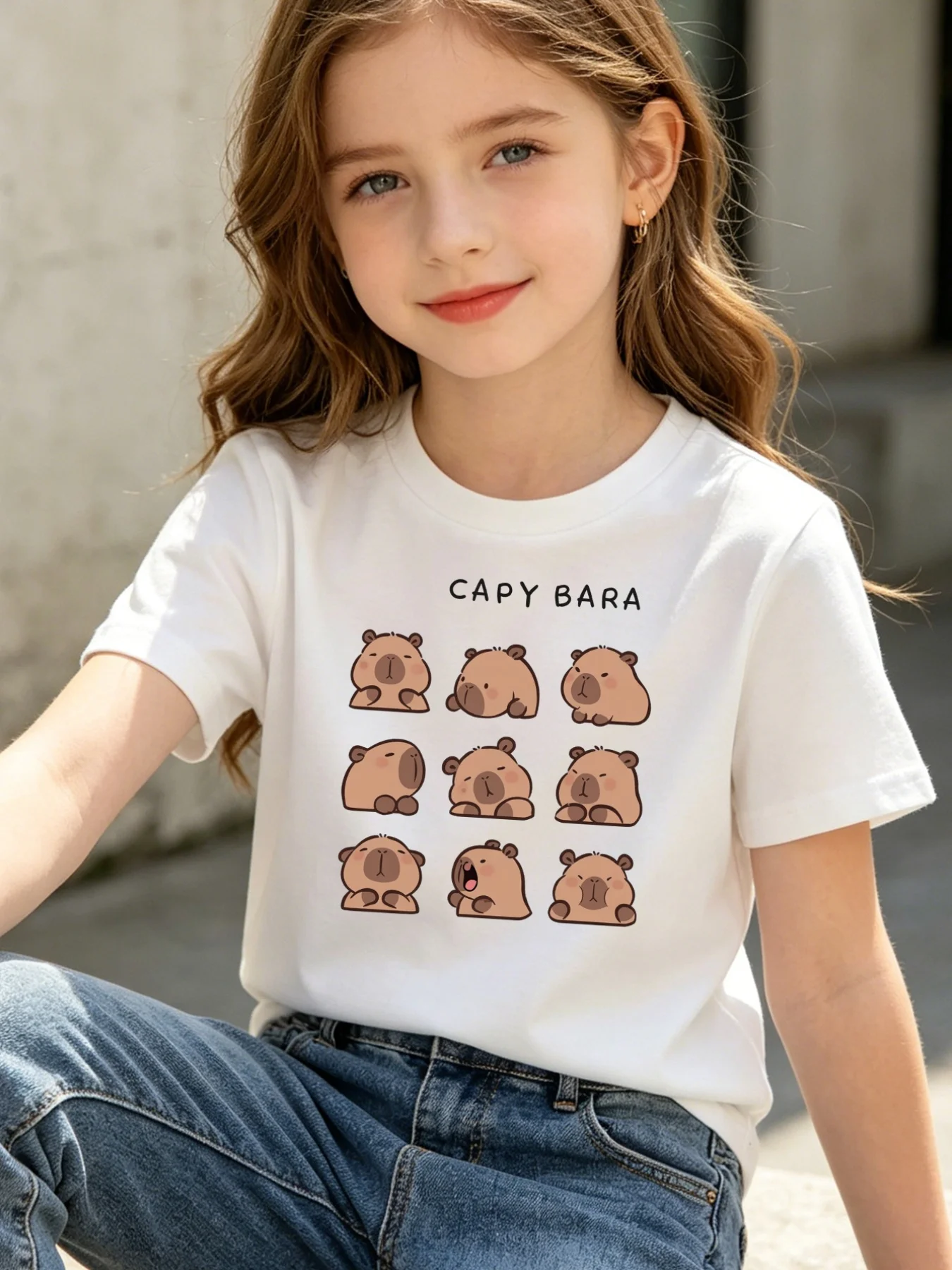Family Matching Kids Tee Cute Multi Expression Capybara Graphic Short Sleeve Cotton T Shirt Girls Boys Parent Child Casual Wear