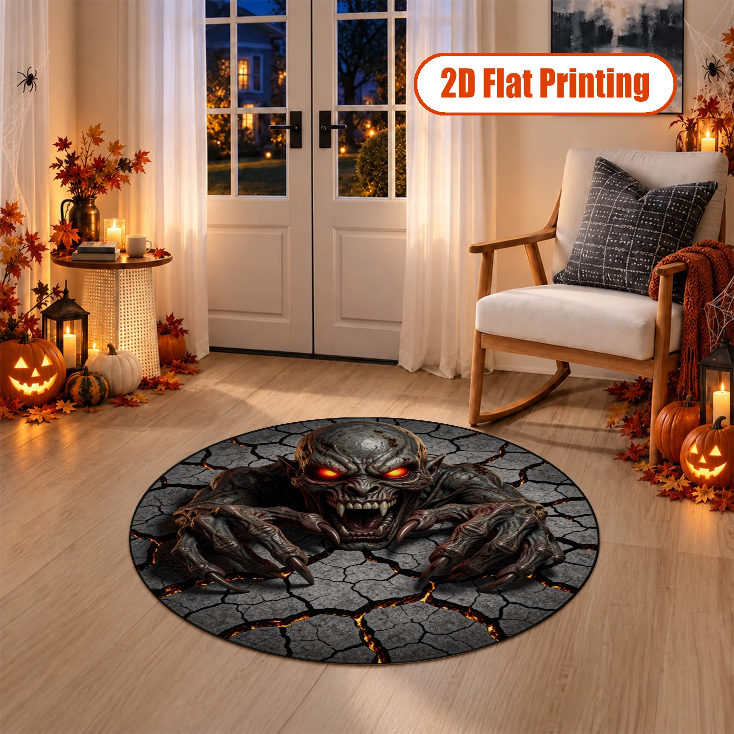Spooky Demon Breaking through Cracked Ground Round Rug Velvet Machine Washable for Living Room Bedroom Entryway Porch Halloween Thanksgiving Black Friday Cyber Monday Christmas New Year