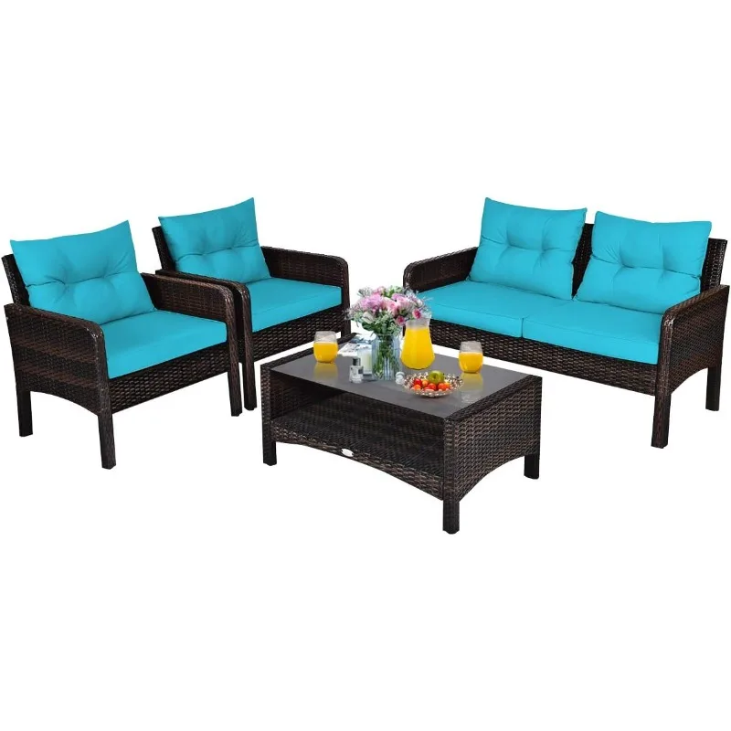 4 Piece Patio Furniture Set, Outdoor Wicker Conversation Set with Glass Top Coffee Table, All Weather Proof and Thick Cushions,