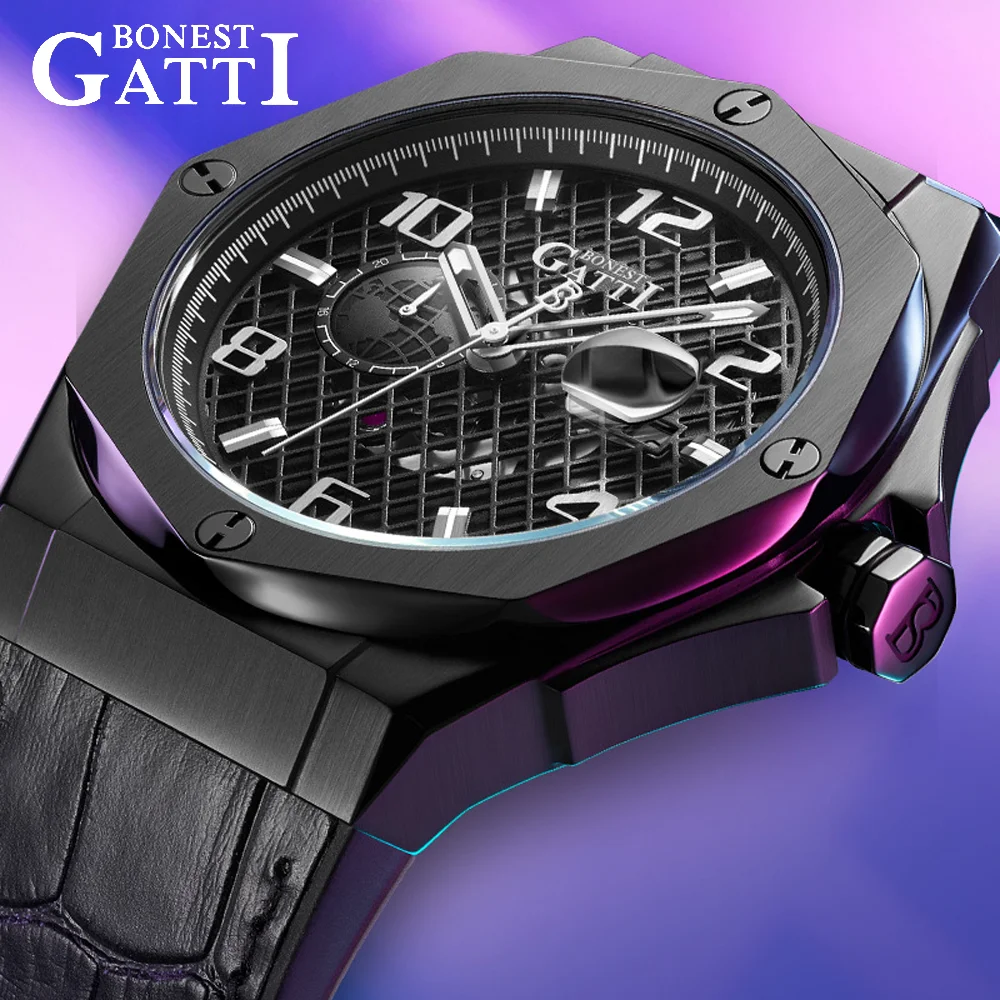 

﻿ BONEST GATTI немецкий бренд мужские автоматические механические деловые часы корпус из нержавеющей стали сапфировый светящийся кожаный ремешок