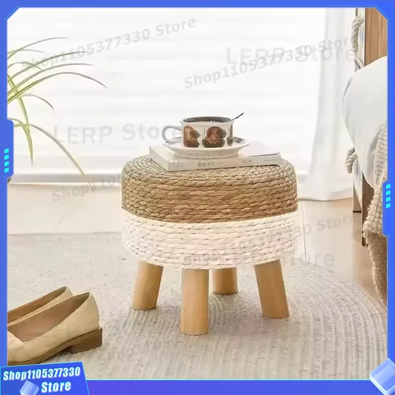 Natural Seaweed Hand Woven Round Footstool With 4 Solid Wooden Legs For Living Room Home Decor Small Ottoman Seat Furniture