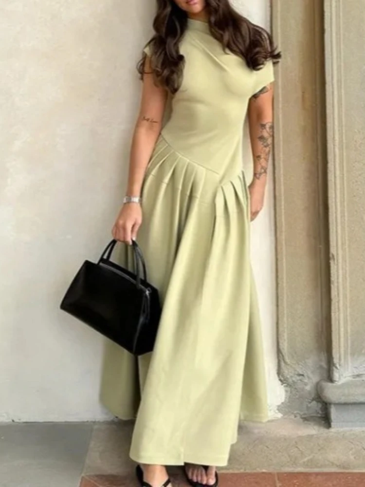 Nieuw in de zomer Dame geplooide maxi-jurk Chique elegante zwarte halve col met korte mouwen en hoge taille Jurken Kantoorstraatgewaden