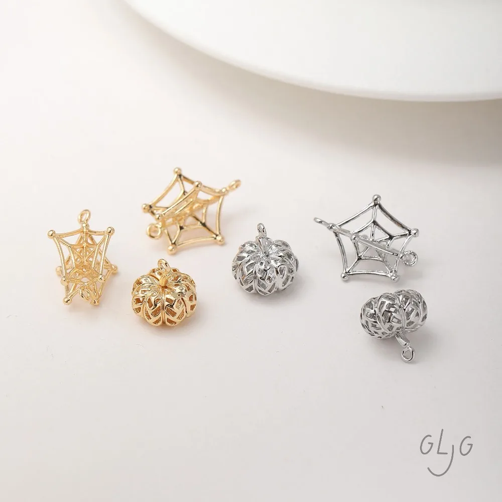 4PCS Halloween Spider Web Pumpkin Charms for Jewelry Findings Making Eardrop Supplies DIY Brass 14k Gold Plated Accessories