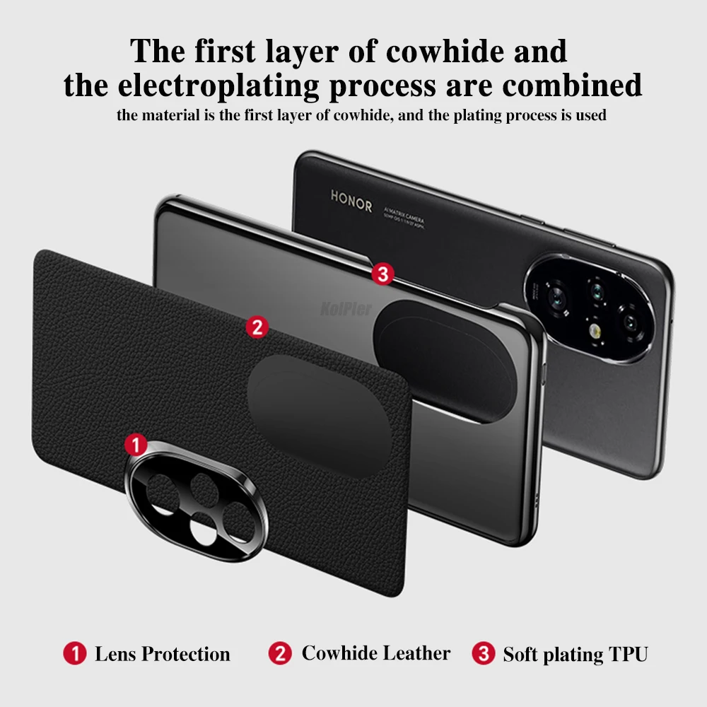 Original Leather Case For HONOR 200 PRO Plating Genuine cowhide Lichee Pattern Lens Protection Shockproof Hard Phone Cover