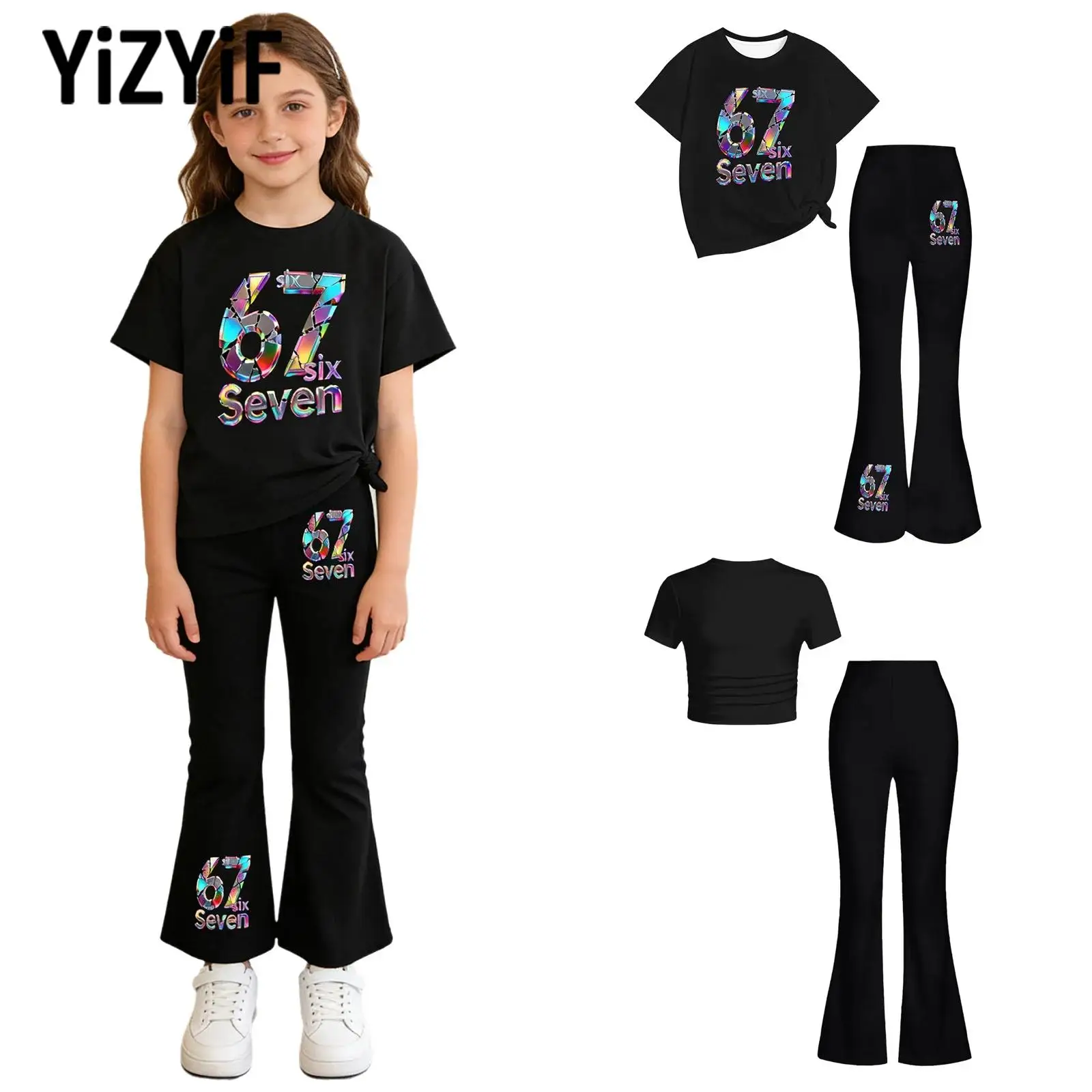 Girls Active Set Short Sleeve Round Neck Tee and Elastic Waistband Flared Pants Lightweight Breathable for Daily Sport Dance