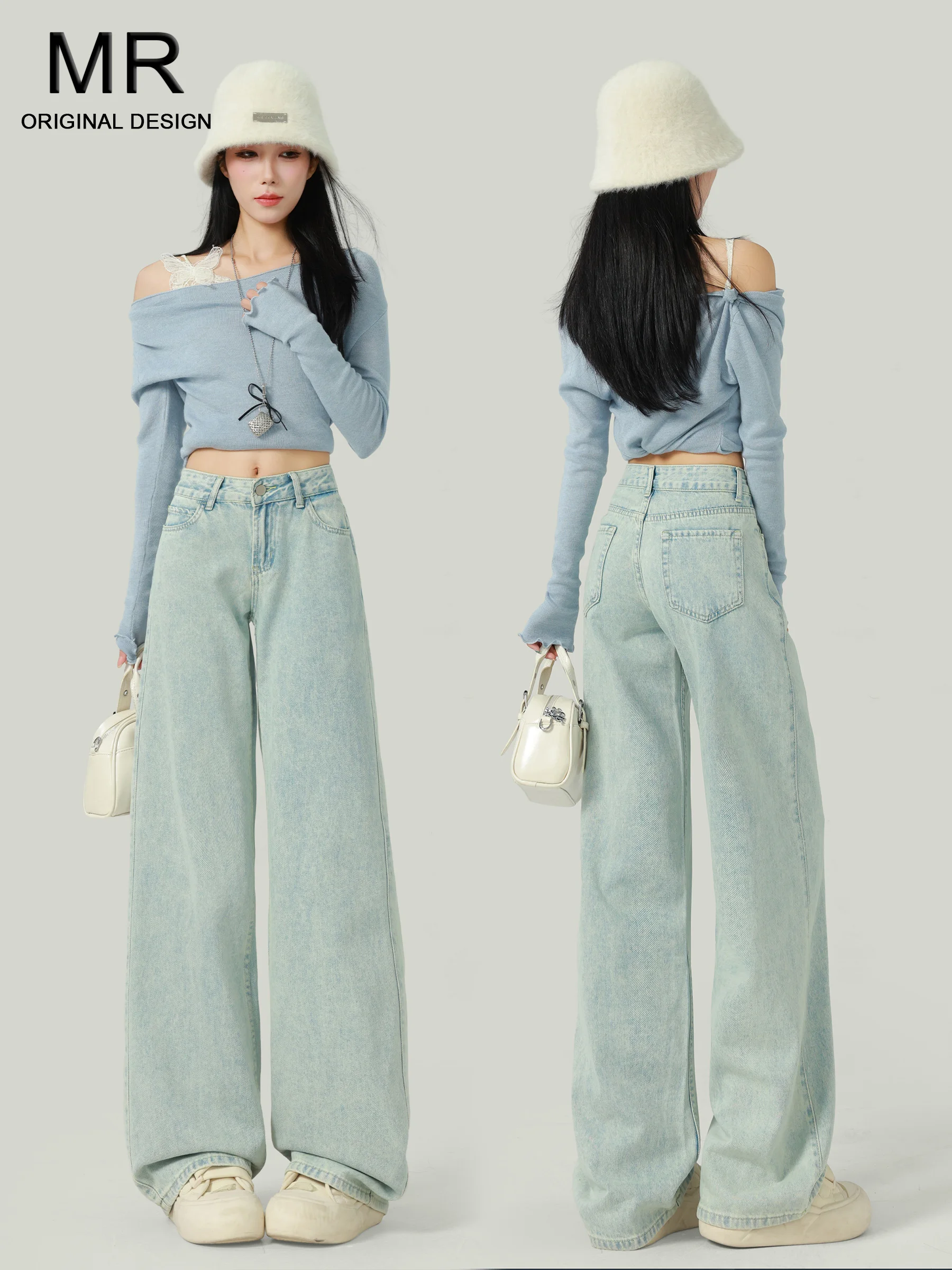 

Женские джинсы с низкой талией и широкими штанинами в американском стиле, светло-голубые, свободные, стройнящие, струящиеся, прямые, в пол