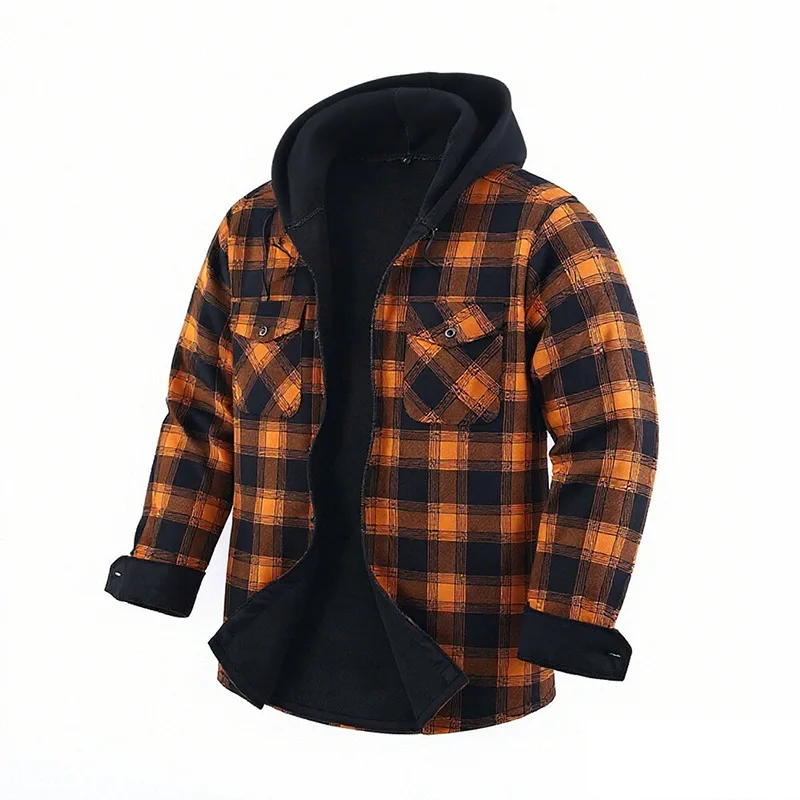 QICHE Fleece Lined Thick Flannel Shirt Men Hooded Plaid Long Sleeve Warm Casual Outer Blouse