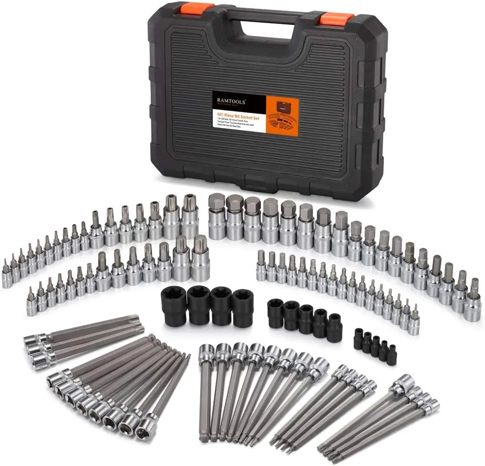 

Набор торцевых головок и бит Allen & Torx из 107 предметов, с приводом 1/4", 3/8" и 1/2", шестигранные/с шаровым наконечником, SAE/метрические, набор инструментов