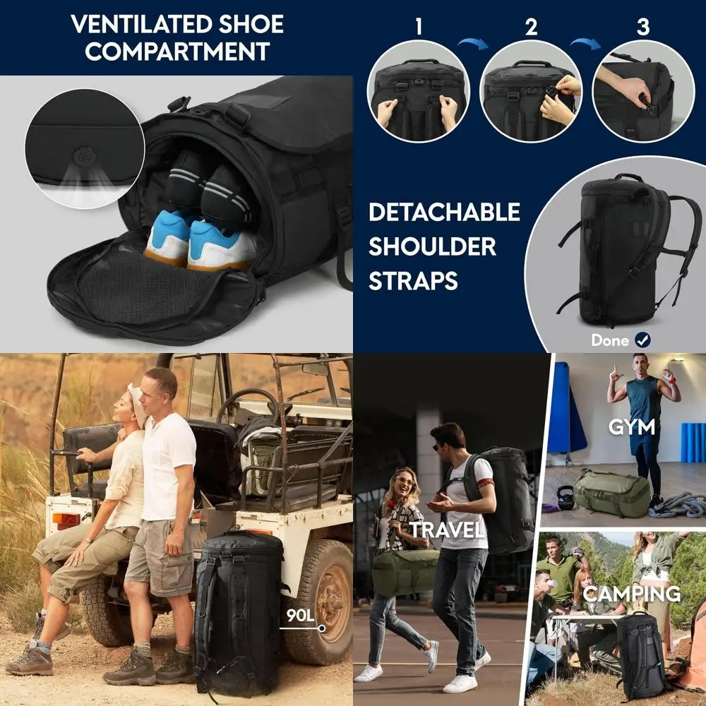 

Large 90L Travel Backpack for Men with Dual Straps, Heavy Duty and Water-resistant, Black