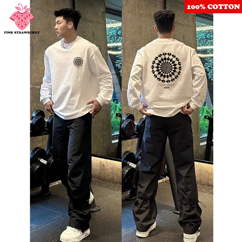 American Street Long sleeves T-shirt Men Autumn 2025 New 100%Cotton Oversize Loose White Sports Gym T-shirt Top Y2k Men clothing