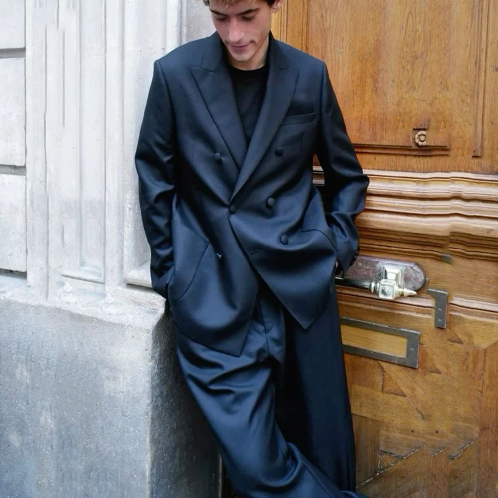 

Fashion Black Double Breasted Peak Lapel Men Suits 2 pieces Set (Jacket+Pants) Wedding Evening Party Daliy Casual Male Clothing