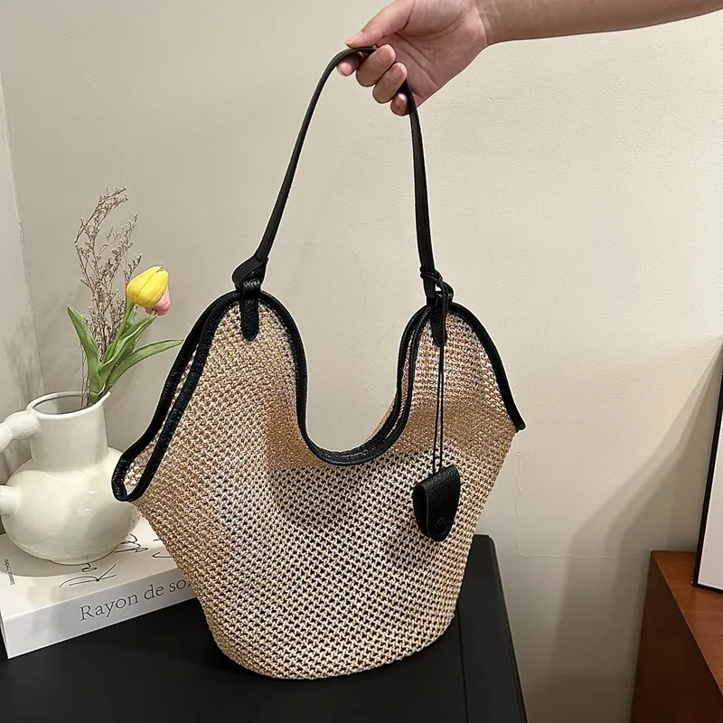 

Summer Vacation Casual Tote Straw Large Capacity 2025 Fashion Bags for Women Solid Color Hollow Out Women's Handbags