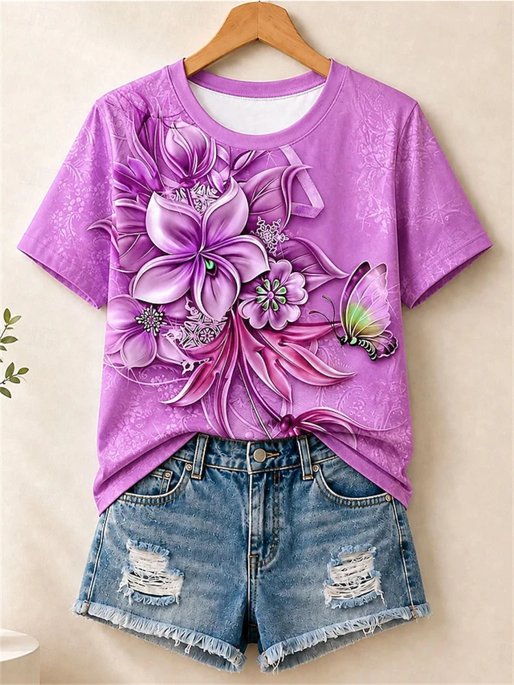 New Arrival Elegant Women's Summer Short-Sleeve T-Shirt with Vibrant Floral Print and Round Neckline Comfortable Women's Top
