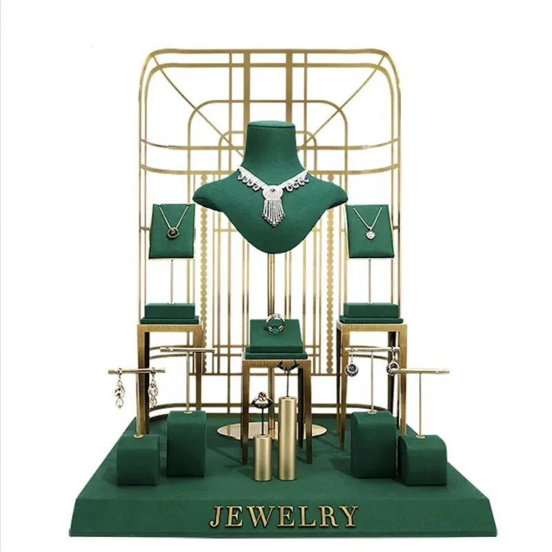 

Custom. VANLOCY Metal Green Microfiber Royal Window Jewelry Display Stand Jewelry Holder Jewelry Mannequin Necklace Bracelet Rin