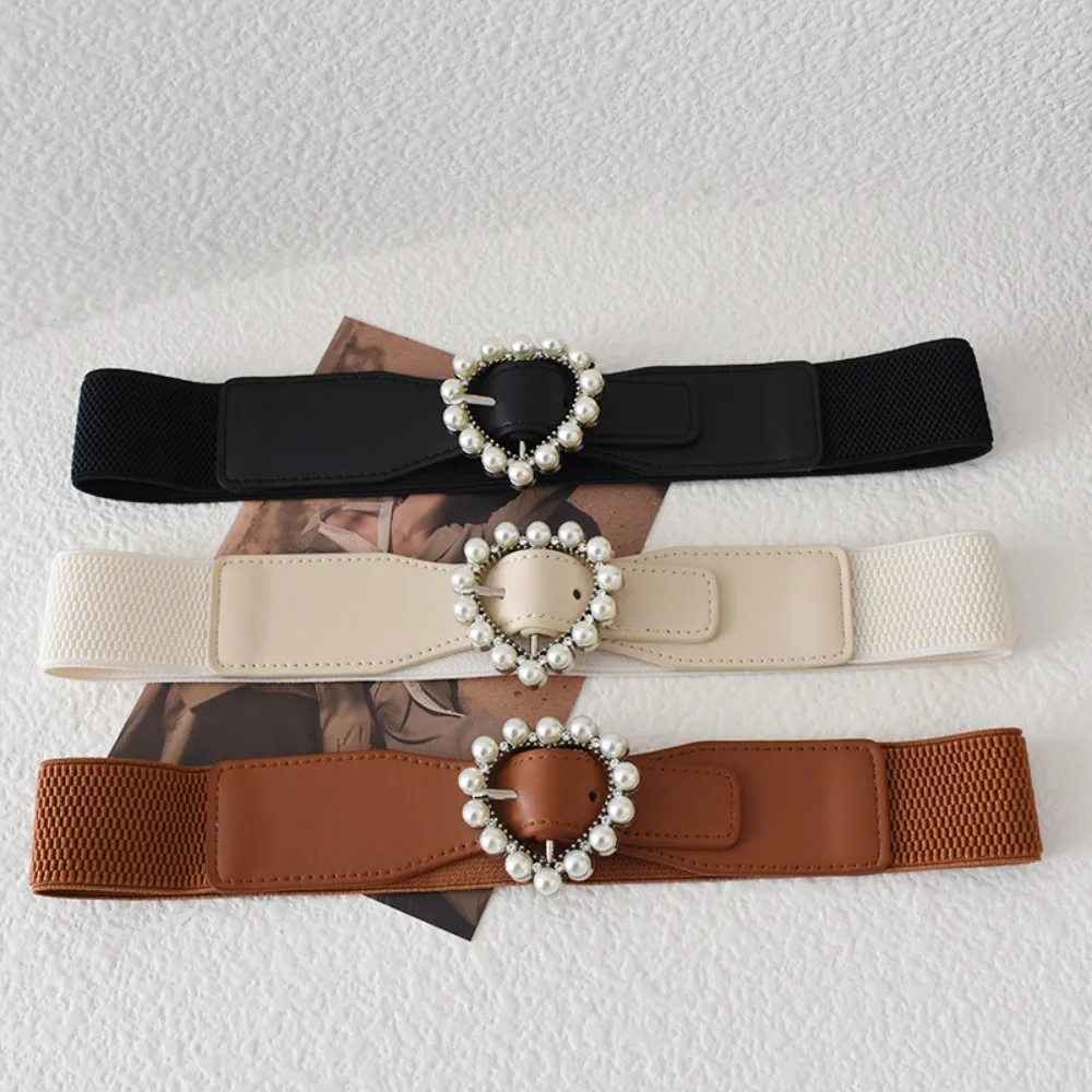 

Korean Style Peach Heart Pearl Waist Cover Elasticity Street Photography Accessories Heart Buckle Belt Clothing Decoration