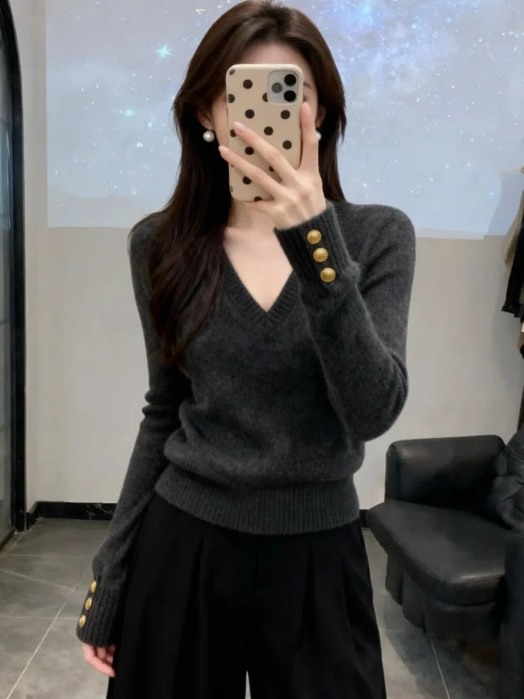 

ay V-Ne Knitted Base irt Women's Faionable Inner Wear Autumn Winter New Sle Slim Fit Knitwear Soft Long Sve Top