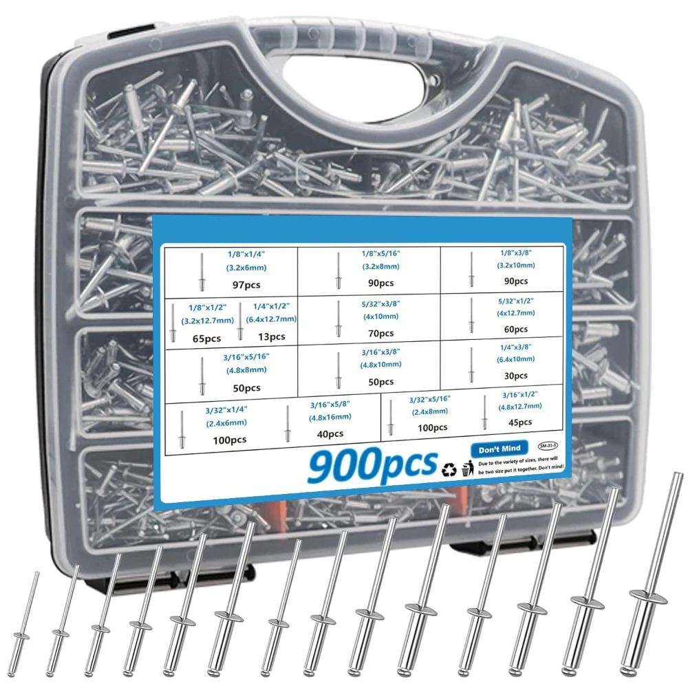 

900pcs Aluminum Blind Rivets Set Open Type Blind Rivets Kit 13size Aluminum Shell Iron Rivets for Metal Furniture Automotive