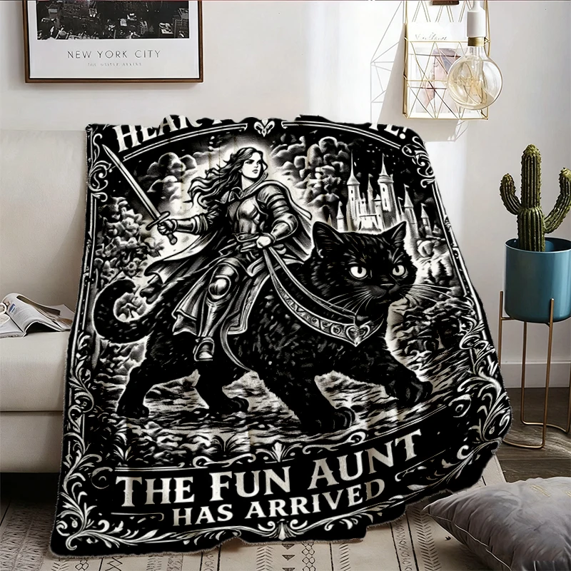Fun Aunt Knight Riding Black Cat Flannel Throw, Hear Ye Fun Aunt Has Arrived Cozy Blanket, Funny Auntie Cat Meme Funny S
