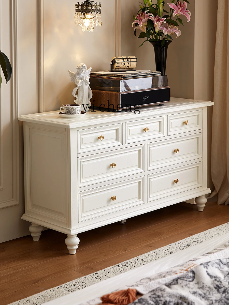 TQH all solid wood seven-chest cabinet French light luxury log living room wall chest bedroom storage cabinet