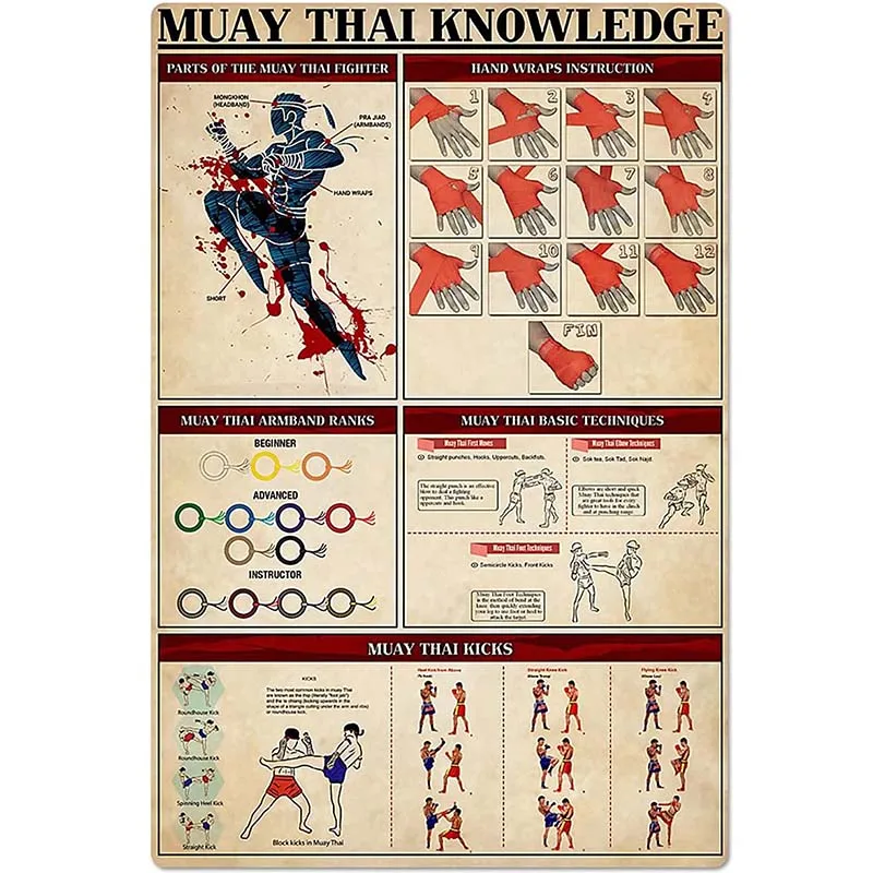 

Muay Thai Knowledge Metal Signs Vintage Boxing Gym Collection Plaques Muay Thai Infographics Tin Posters Boxer Room Wall Decor