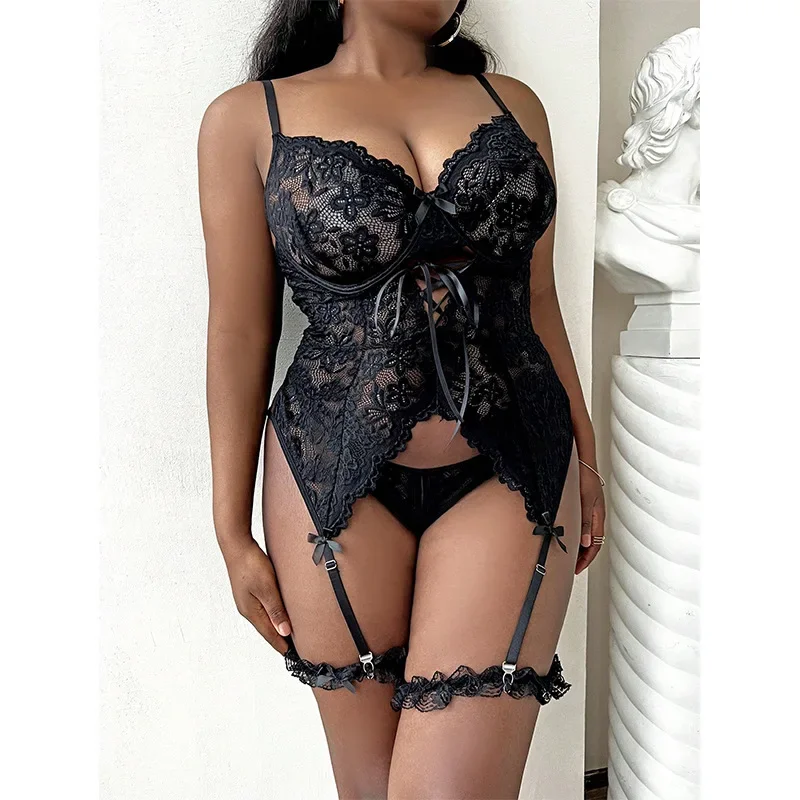 Plus Large Size Lingerie Sexy Erotic Female Transparent Hollow Out Babydoll Bodysuit Lace Set Women Bra&Panty Uniform Underwear