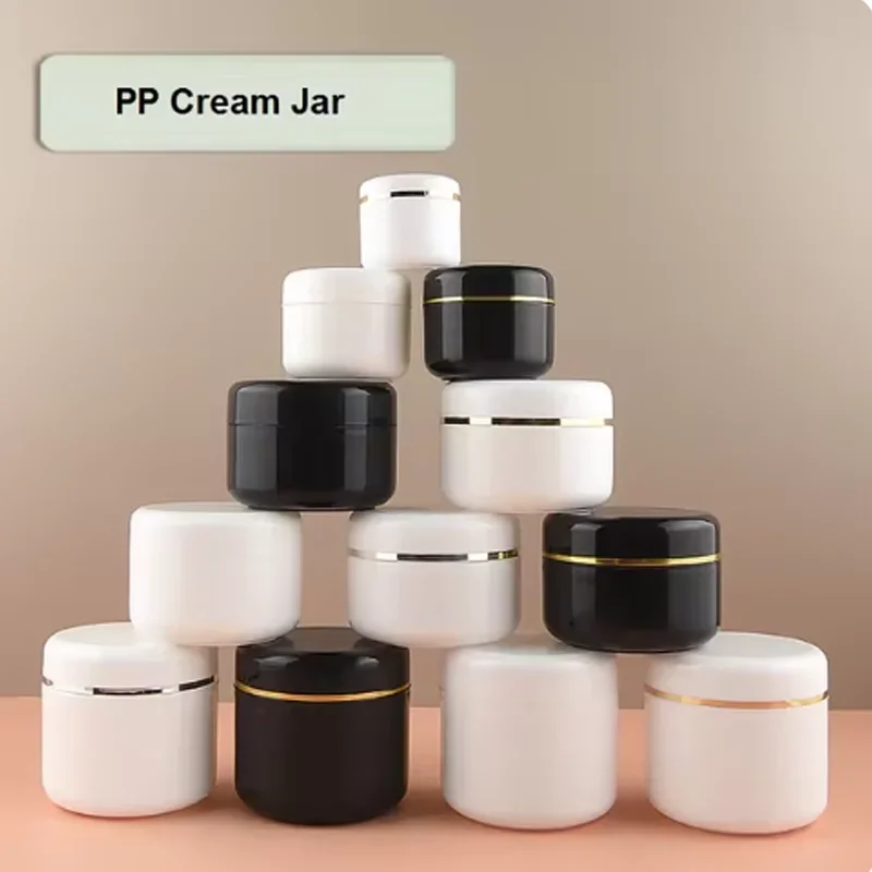 100Pcs 10g-100g Portable Plastic Cream Jar Cosmetics White Black Face Cream Pot Gold Silver Edge Sample Test Eye Cream Container