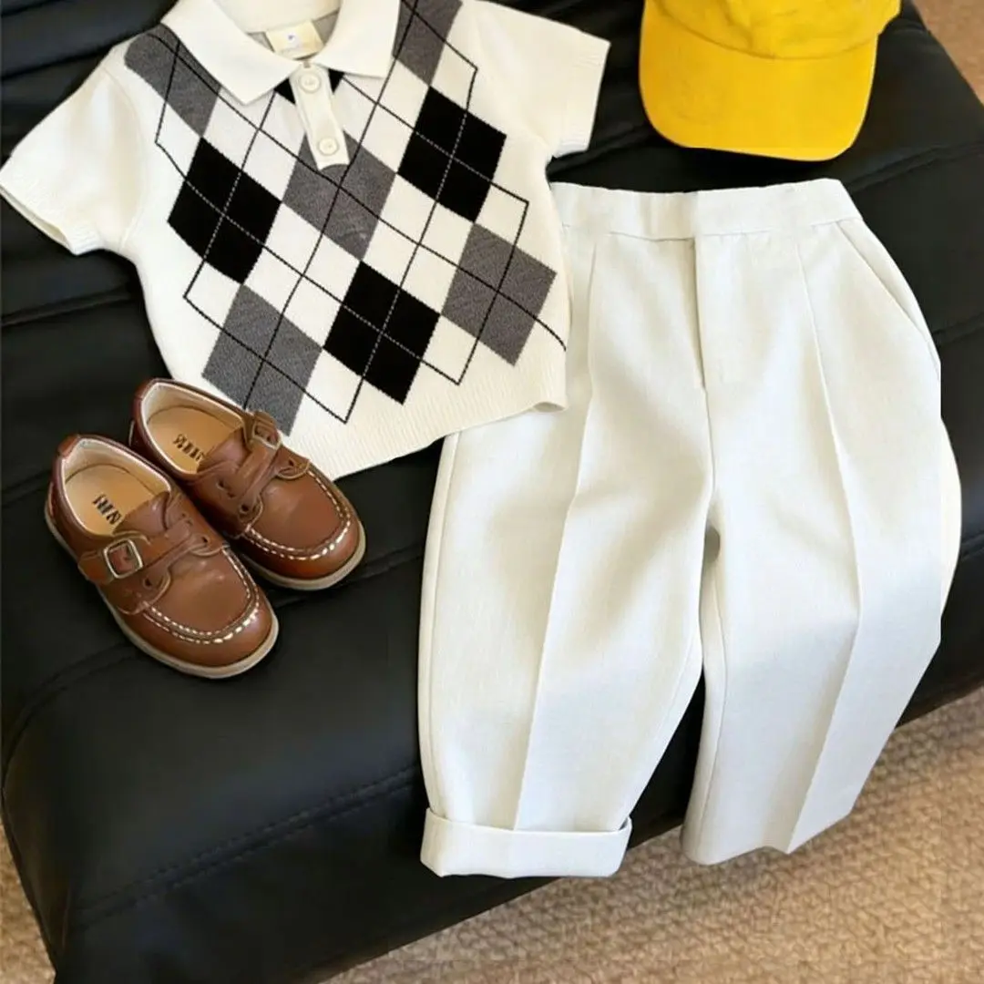 Boys' Set Summer New Style Children's Retro Short Sleeve Knitted Shirt Straight Pants 2-piece Set Fashion Outfit