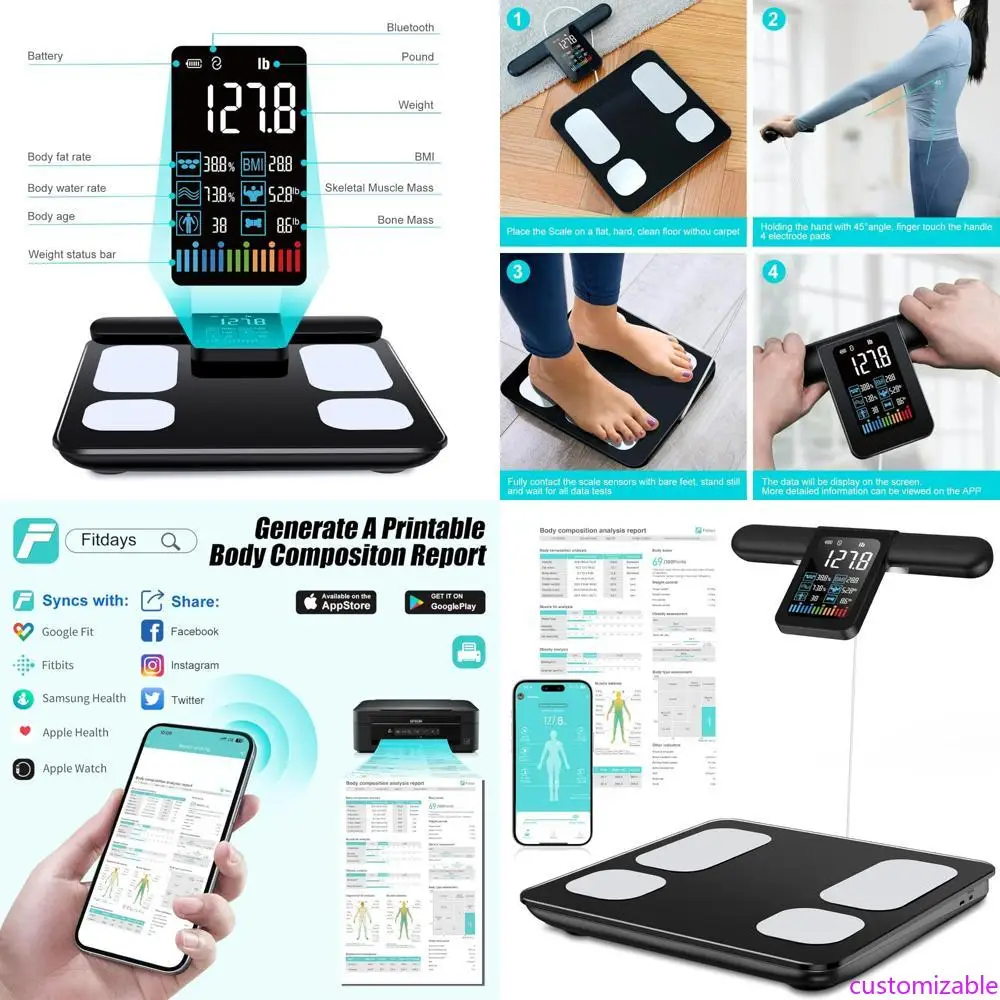 

Умные весы жира в организме с перезаряжаемой батареей, измерения BMI, жира в организме, мышечной массы и 28, другие метрики здоровья.