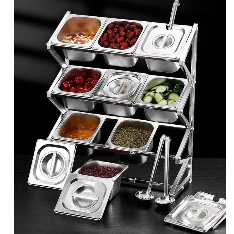 الفولاذ المقاوم للصدأ صندوق توابل 1/9 GN عموم مجموعة صينية صندوق تخزين مع رف الفولاذ المقاوم للصدأ فقاعة الحليب الشاي متجر المربى صندوق توابل