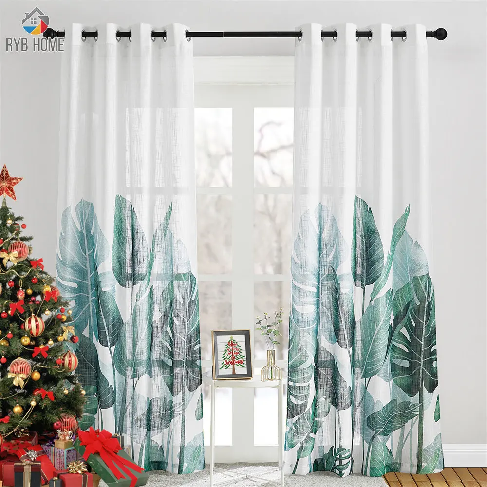 RYB HOME 1pc Sheer Curtain Tree Branch Printed Slub Curtains for Living Room Bedroom Window Home Decoration Modern Cortina