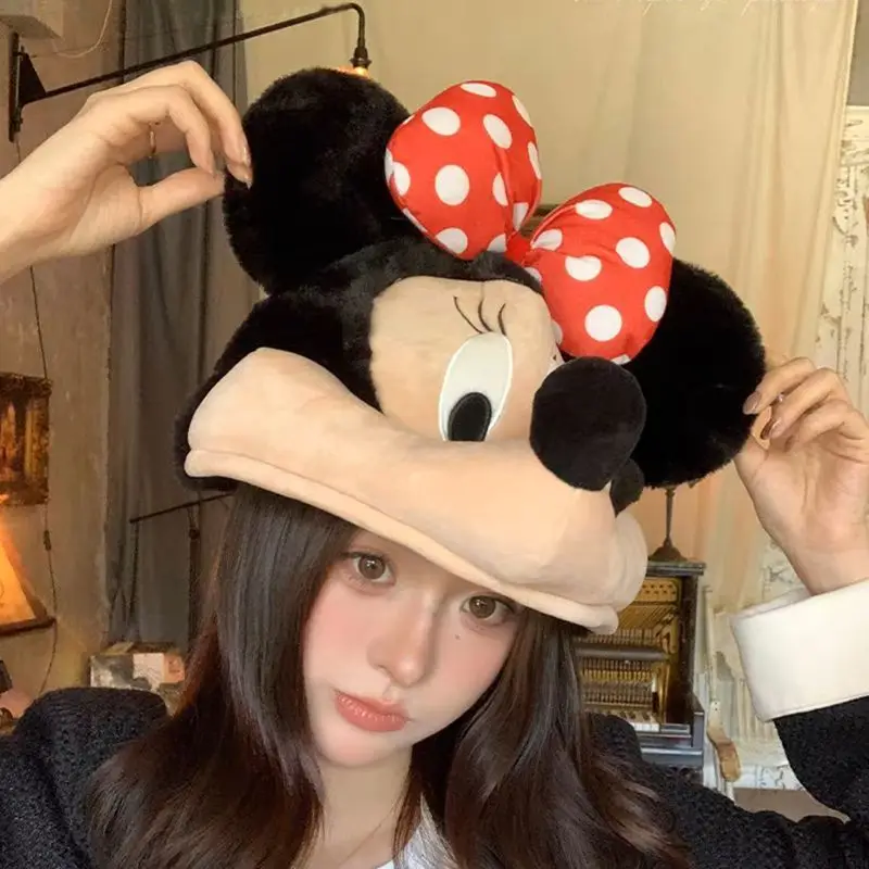 Gorro de peluche de Mickey Minnie de Disney para otoño e invierno, pareja bestie, viaje, toma una foto, capucha, orejeras, regalo para niña, kawaii