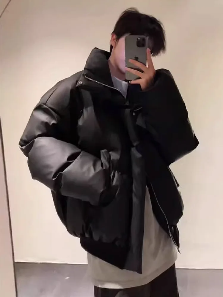 

Cleanfit ort Padded Jaet Men's Thiened Winter Du down Cotton Coat American Retro Couple PU Leather Cotton Outerwear