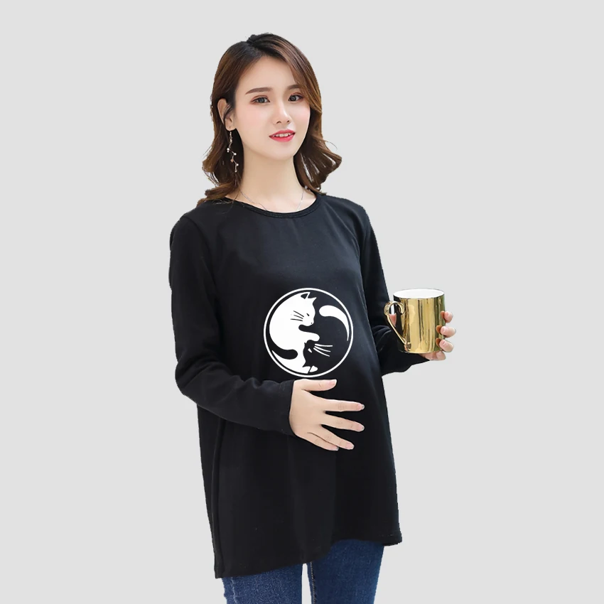 

Printed Customized Pregnant T-Shirt Girl Cat Animal Maternity Pregnancy Flattering Long SleeveShirt Mom Women Add Your Design