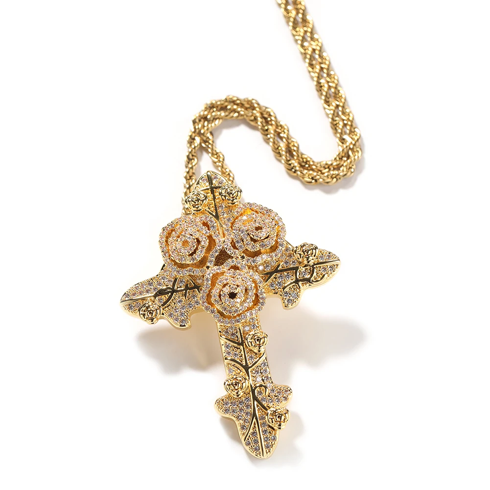 UWIN Iced CZ Crosses Pendant Necklaces Cubic Zirconia Blooming Roses Charms Fashion Punk Rapper Jewelry for Gift