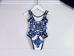 2024 New design girl swimsuit blue flower beach swim wear kids brand clothing wholesale