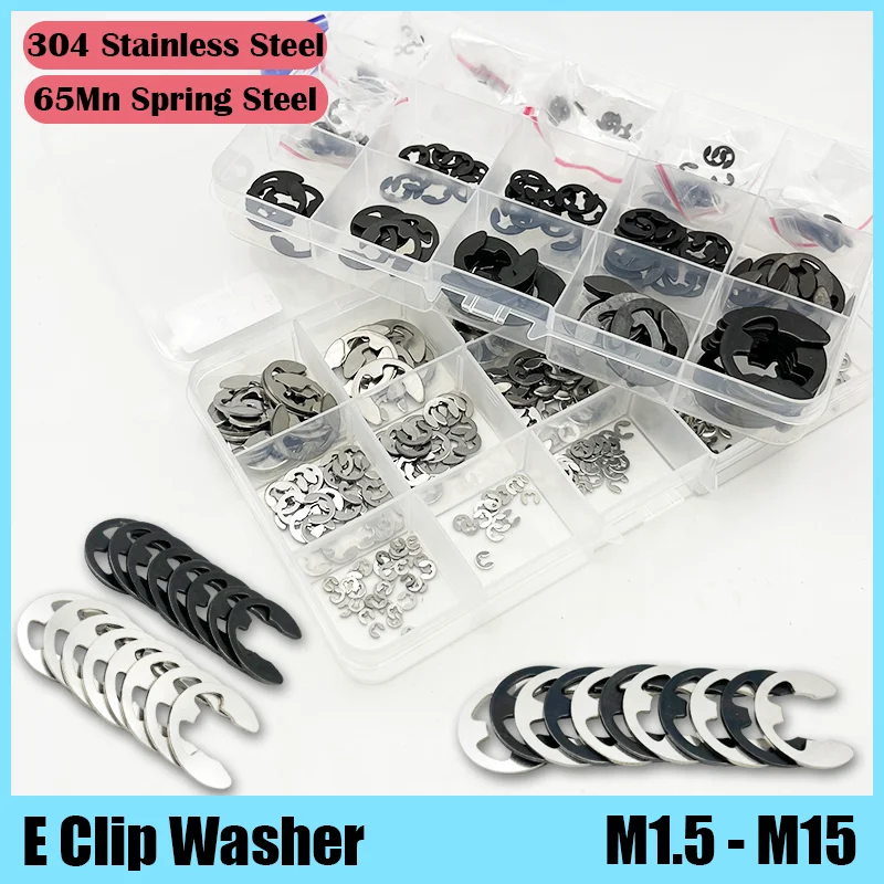 

M1.5-M12 M15 E-clip Washer 304 Stainless Steel Carbon Steel E Clip Snap Circlip Ring Washer E-shaped External Retaining Ring Kit