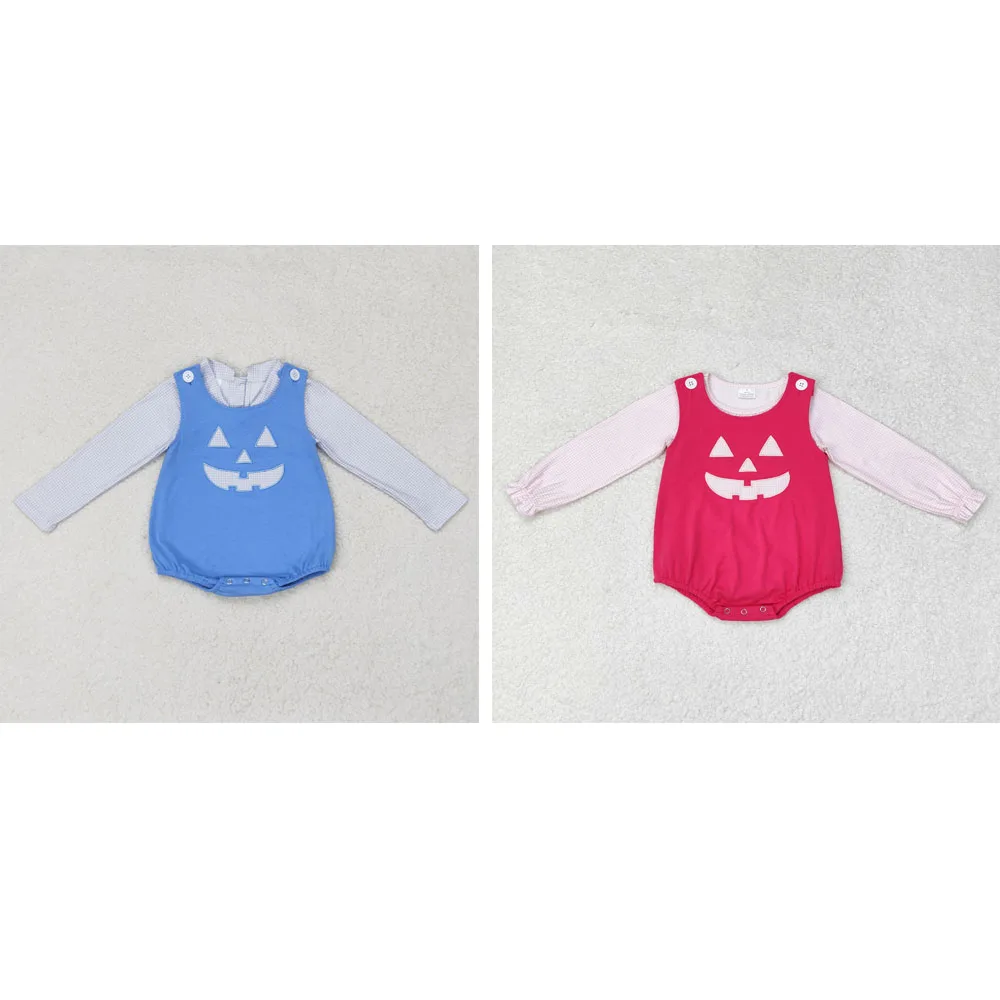 

Wholesale newborn toddler Boys Girls Blue plaid doll collar long sleeve top embroidered Halloween smile blue vest onesie sets